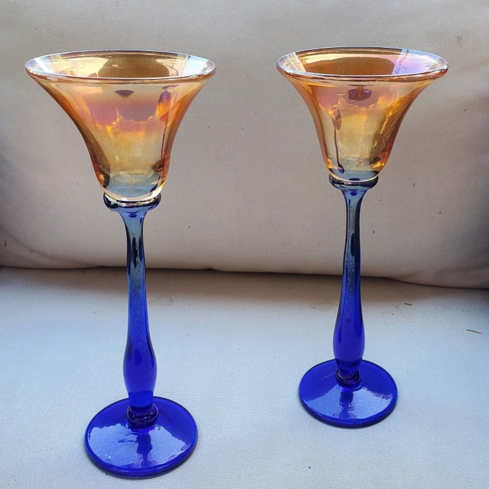 2 Hand Blown Wine Glasses, Artisan Signed - Blue and Amber - Art Glass